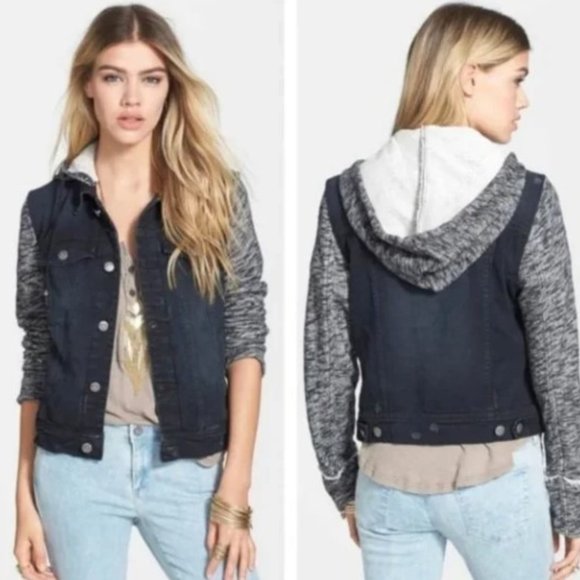 Free People Pumice Mixed Media Knit Sleeve Distressed Jean Jacket